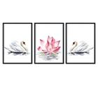 Quadro Decorativo Kit C/3 Cisne Branco Flor Rosa Sala Quarto Escritório 109x43