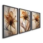 Quadro Decorativo Modelo Floral Pétalas Finas Marrom com 3 Telas de Parede para Sala Quarto Escritório