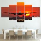 Quadro Decorativo Mosaico De 5 Peças Avião Rumo Por Do Sol