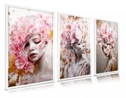 Quadro decorativo Mulher Cabeça Flores Rosa Branco"