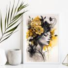 Quadro Decorativo Mulher Flores Amarela/Preto 45x34cm - Moldura Madeira Preta