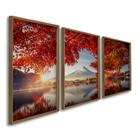 Quadro Decorativo Paisagem Montanhas e Flores Vermelhas com 3 Telas 50x75 e 60x90 de Parede para Sala Quarto Escritório