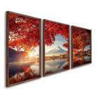 Quadro Decorativo Paisagem Montanhas e Flores Vermelhas com 3 Telas de Parede para Sala Quarto Escri Com Vidro