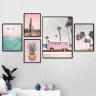 Quadro decorativo Pink bus cactus abacaxi mar azul praia good vibes jovem para quarto sala