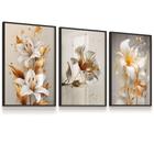 Quadro Decorativo Vidro Kit 3 Tulipas Flores Brancas Douradas 43x63