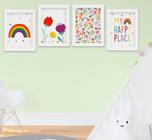 Quadro Infantil Bebê Menina Flores Arco-íris Kit 4 Peças