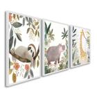 Quadro Infantil Decorativo Diversão na Selva com 3 Telas Cm de Parede para Quarto Sala Brinquedoteca Branco