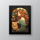 Quadro mulher com gato art nouveau 24x18cm - madeira branca