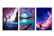 Quadro Paisagem Lua Flores Arvores Floridas Ponte Pintura Kit 3 Placas 20x30