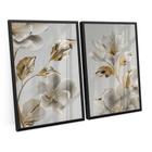 Quadro Para Quarto Decorativo Flores Moderno Dourada Ouro Amarelo Kit 2 Telas Grande C/ Vidro - Bimper