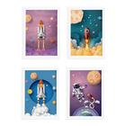 Quadros Astronauta no Espaço Moldura Branca 22x32cm Kit 4un