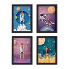 Quadros Astronauta no Espaço Moldura Preta 33x43cm Kit 4un