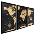 Quadros Decorativos Sala Mapa Mundi Retro Antigo Vintage 3 Peças com Moldura