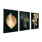 Quadros Decorativos Trio Kit 3 Folhagem Verde Dourado Moldura 40x60 Flores Sala Escritório Grande