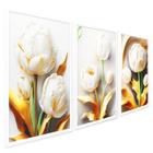 Quadros Decorativos Tulipa Branca e Dourada Flores de Ouro 3 Peças com Moldura