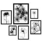 Quadros Flores Transparentes P&B - Kit 6 Quadros c/ Vidro e Moldura Branca