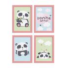 Quadros Infantis Animais Panda Moldura Rosa 22x32cm Kit 4un