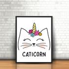 Quadros Moldura Unicórnio CatCorn Gato Branco Chifre Flores