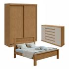 Quarto com Guarda-roupa 2 Portas 2 Gavetas, Cômoda 2 Portas 7 Gavetas e Cama Casal Athenas Amêndoa Clean/Off White/Amêndoa Clean - Móveis Lopas