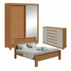 Quarto com Guarda-roupa Casal 2 Portas 2 Gavetas, Cômoda 2 Portas 7 Gavetas e Cama Athenas Amêndoa Clean/Off White/Amêndoa Clean