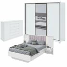 Quarto com Guarda-Roupa com Espelho 3 Portas 6 Gavetas, Cômoda 2 Portas 7 Gavetas e Cama Solaris Branco