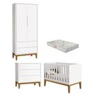 Quarto de Bebê 2 Portas e Cômoda Gaveteiro New Classic Branco com Pés Madeira e Colchão Gazin Reller