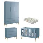 Quarto de Bebê 3 Portas e Cômoda Gaveteiro Theo Azul Pés Madeira Natural com Colchão Gazin Reller