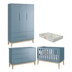 Quarto de Bebê 3 Portas New Classic Azul com Pés Madeira Natural e Colchão Gazin Reller