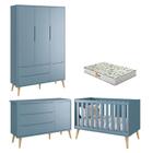 Quarto de Bebê 3 Portas Theo Azul Pés Madeira Natural com Colchão Gazin Reller