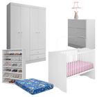 Quarto de Bebe 4 Portas com Berço Alegria e Sapateira Branco Brilho com Colchão - AJL