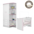 Quarto de Bebê Berço Colchão Nana Nenem e Guarda Roupa Doce Sonho Branco Rosa Qmovi Umaflex