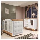 Quarto de Bebê Berço com Capitonê e Cômoda com Janelas 100% Mdf Retrô Kakau Espresso Móveis Branco Brilho/Amêndoa/Branco