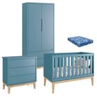 Quarto de Bebê Classic 2 Portas com Colchão e Cômoda Gaveteiro Azul Pés Madeira Natural Reller