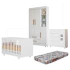 Quarto de Bebê com Berço Mini Cama, Cômoda 1 Porta 4 Gavetas e Roupeiro Flocos 3 Portas 2 Gavetas