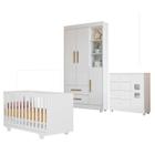 Quarto de Bebê com Berço Mini Cama, Cômoda 1 Porta 4 Gavetas e Roupeiro Flocos 3 Portas 2 Gavetas