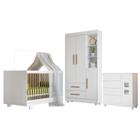Quarto de Bebê com Berço Mini Cama, Cômoda 1 Porta 4 Gavetas e Roupeiro Flocos 3 Portas 2 Gavetas