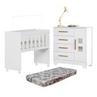 Quarto de Bebê com Mini Berço com Colchão 5 em 1 Ariel e Cômoda 4 Gavetas 1 Porta Fly 100% Mdf Branco