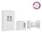 Quarto de Bebê Completo com Colchão Berço Mini Cama Provençal Lisa Guarda Roupa 4 Portas Cômoda com Porta Fraldario Infantil Branco Carolina Baby