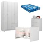 Quarto de Bebê Louise 4 Portas com Berço Doce Sonho 100 Branco Brilho e Colchão - AJL - AJL Móveis