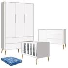 Quarto de Bebê Theo 3 Portas com Colchão e Cômoda Branco Acetinado Pés Madeira Natural - Reller