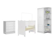 Quarto Infantil com Guarda Roupa 2 Portas 3 Gavetas com Cantoneira, Berço e Cômoda Doce Sonho Branco - Qmovi