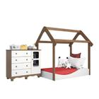 Quarto Infantil com Minicama Casinha Montessoriana e Cômoda 4 gavetas e 1 porta Uli Branco/Carvalho Móveis Peroba