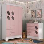 Quarto Infantil Completo Guarda Roupa 4 Portas 3 Gavetas com Cômoda Stella Espresso Móveis Branco/Rosa