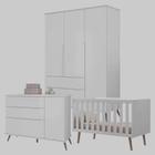 Quarto Infantil Completo Retro Melinda Guarda Roupa 3 Portas Cômoda 1 Porta Berço Branco - Phoenix Baby