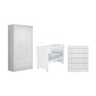 Quarto Infantil Guarda Roupa 3 Portas, Berço e Cômoda 4 Gavetas Meu Soninho Branco - FdECOR