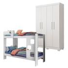 Quarto Infantil/Juvenil com Beliche Vegas e Guarda Roupa 4 Portas 3 Gavetas Flórida 100% MDF Branco