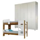 Quarto Infantil/Juvenil com Beliche Vegas e Guarda Roupa 6 Portas 4 Gavetas Flórida 100% MDF Branco/Amadeirado