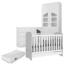 Quarto Ludi MDF Guarda Roupa Roupeiro 2 Portas + Cômoda + Berço 2x1 Branco c/ Colchão