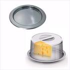 Queijeira Acrílica Com Tampa Porta Queijo Cozinha Prato Inox Conjunto 2 Itens Transparente Dispenser Organizador