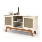 Rack Buffet com duas Porta de Correr Rattan pés em Madeira Off White